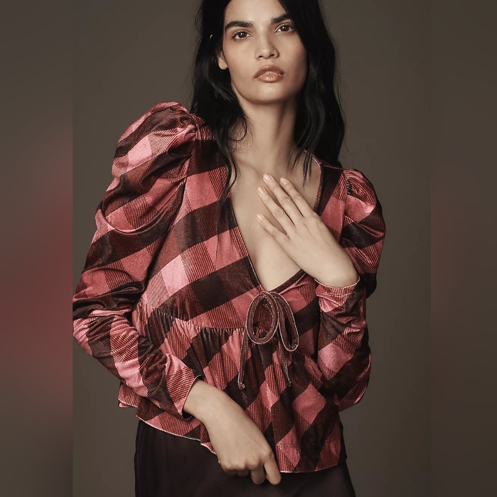 Anthropologie Maeve Plaid Velvet Puff Sleeve Babydoll Top Pink Extra Large